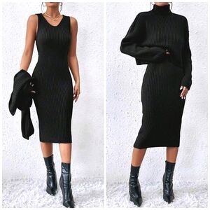 New Chic 2 Piece Ribbed Sweater Dress Black Two Piece Set